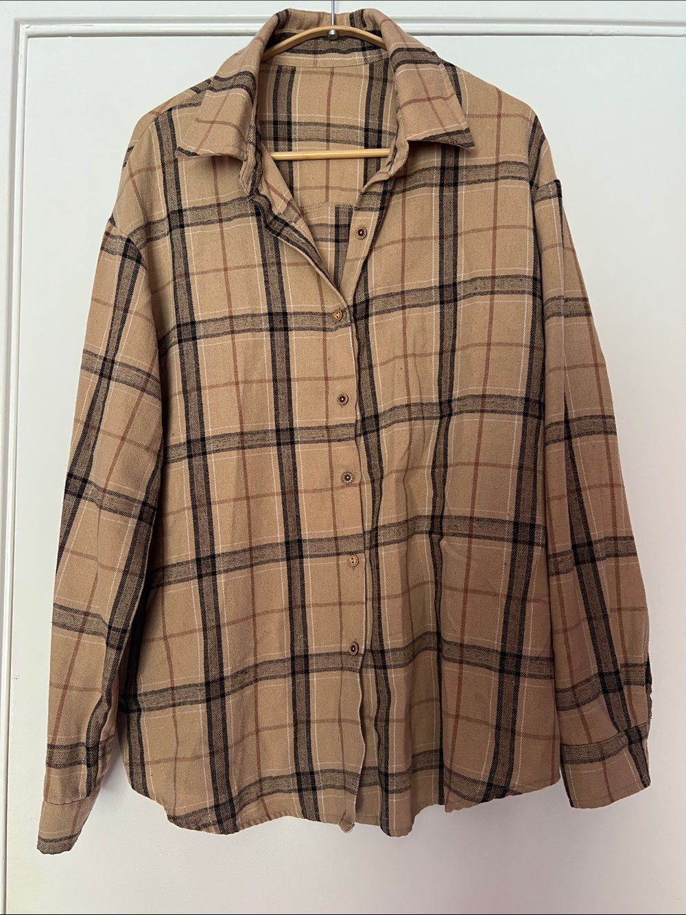 Women's Tan Plaid Button-Down Shirt - Relaxed Collared Top